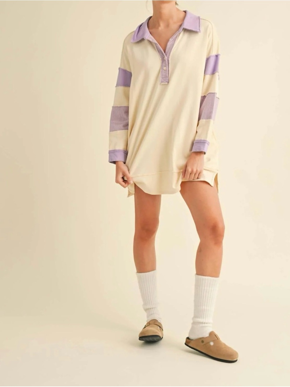 Long Sleeve Cream Shirt Dress with Lavender Polo Details - Picture 1 of 6
